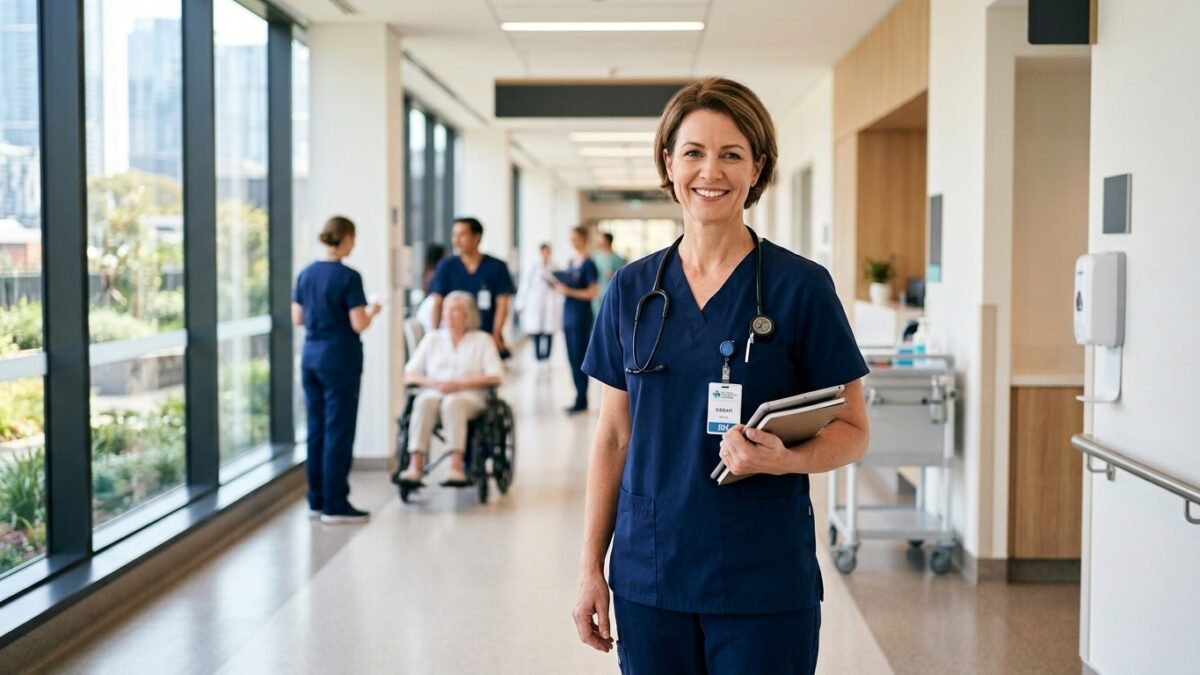 Registered nurse in scrubs working in an Australian hospital corridor