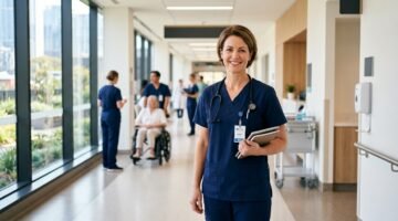 Registered nurse in scrubs working in an Australian hospital corridor