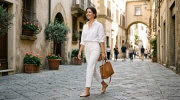 Capri pants outfit ideas 2026 — woman in white capris and oversized shirt on a city street