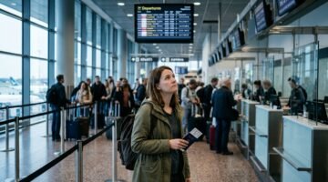 Traveller checking passport at a European airport border after the ETIAS launch date was removed