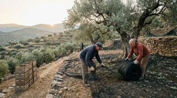 Workers laying harvest nets in an olive grove during the greece seasonal work visa 2026 picking season
