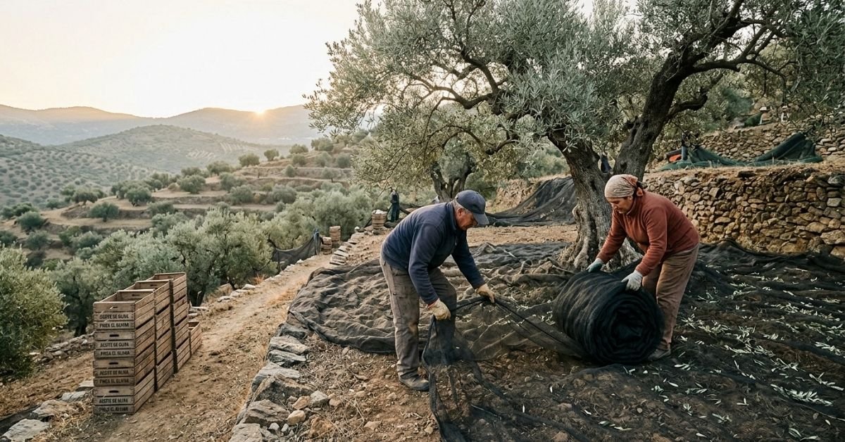 Workers laying harvest nets in an olive grove during the greece seasonal work visa 2026 picking season