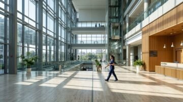 Modern hospital atrium representing healthcare jobs with visa sponsorship in the Gulf
