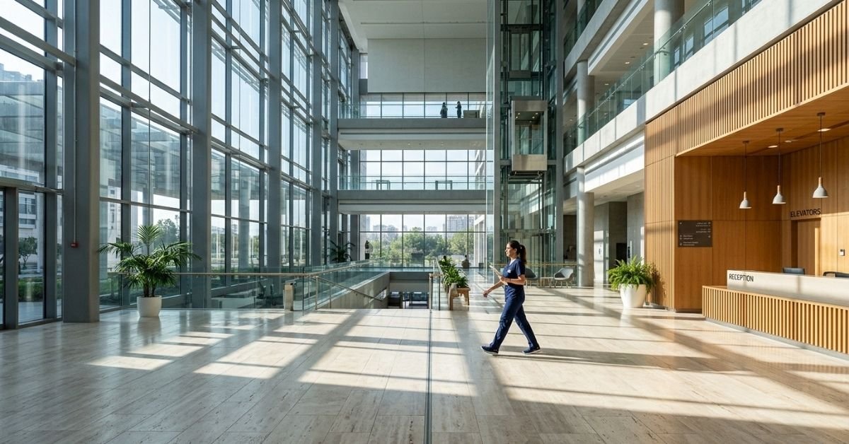 Modern hospital atrium representing healthcare jobs with visa sponsorship in the Gulf