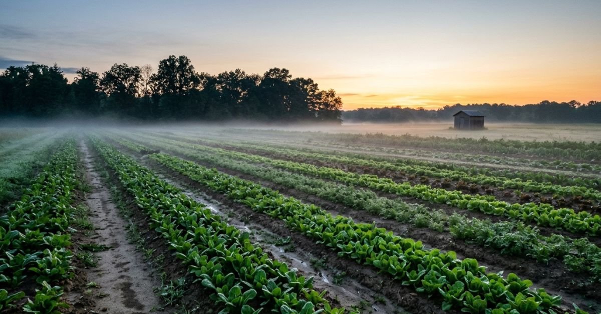 Vegetable field at dawn illustrating agriculture jobs in Canada with visa sponsorship