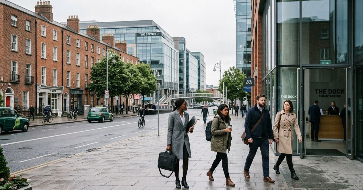 Professionals arriving at a Dublin office building, illustrating the Ireland General Employment Permit route for non-EEA workers