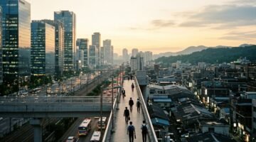 Taiwan work permit jobs for foreign workers 2026 seen from a city walkway at sunrise