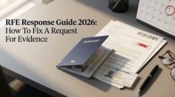 RFE response guide 2026 showing passport, work permit and request for evidence documents