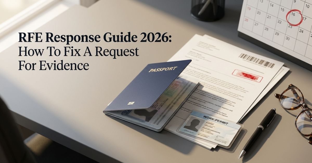 RFE response guide 2026 showing passport, work permit and request for evidence documents