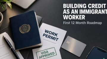 Passport, work permit and credit card representing building credit as an immigrant worker in the first year