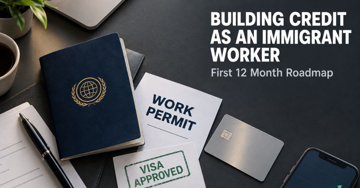 Passport, work permit and credit card representing building credit as an immigrant worker in the first year