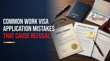 Work visa and work permit documents with refused stamp showing common work visa application mistakes