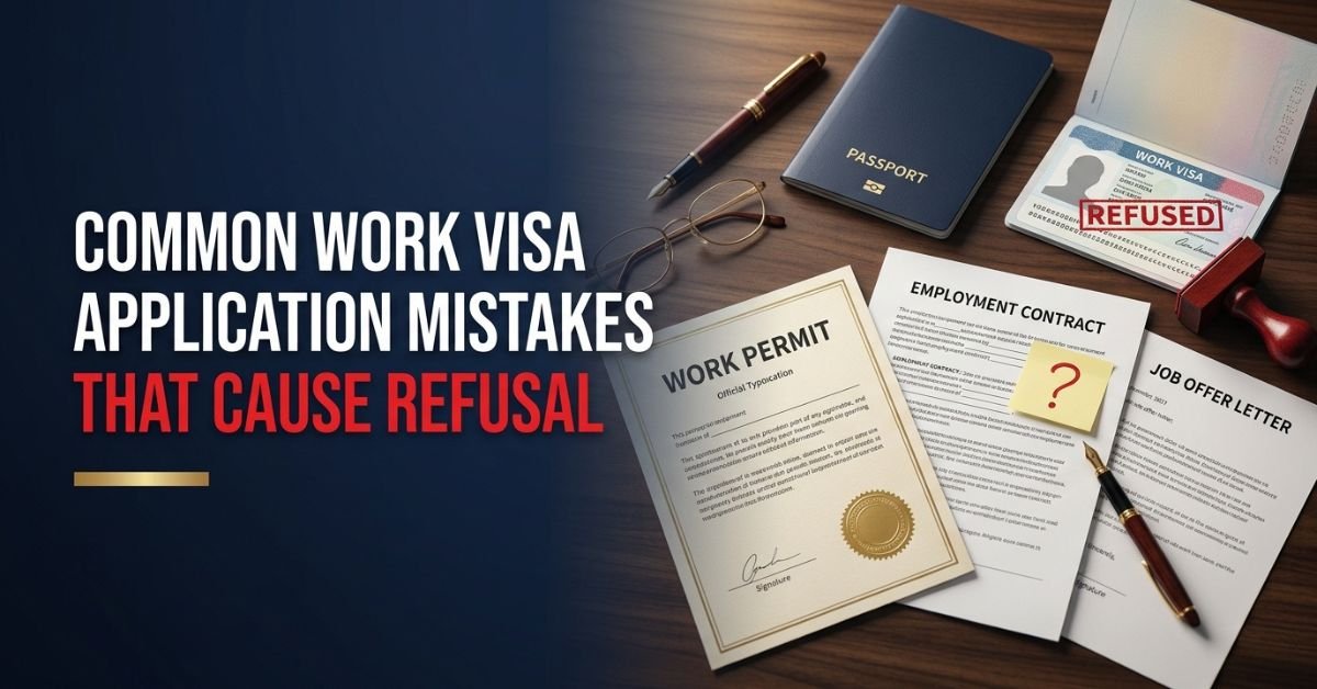 Work visa and work permit documents with refused stamp showing common work visa application mistakes