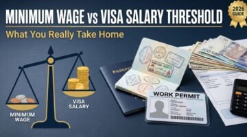 minimum wage vs visa salary threshold with visa stamp and work permit card