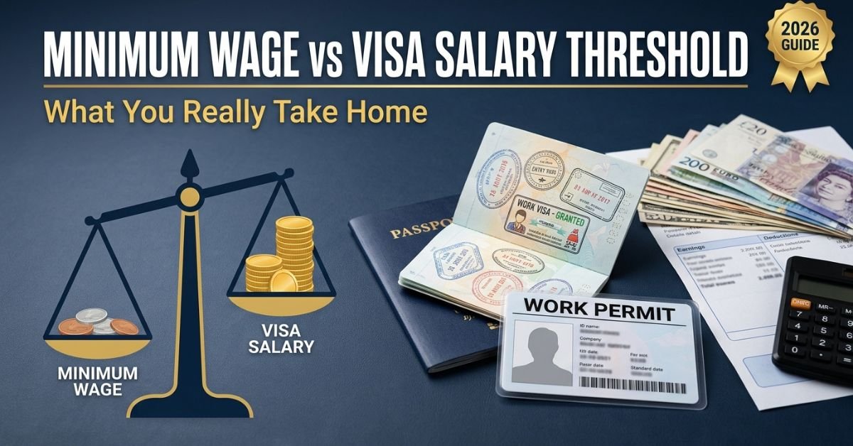 minimum wage vs visa salary threshold with visa stamp and work permit card