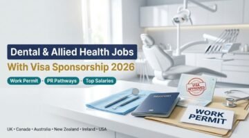 Dental and allied health jobs with visa sponsorship, showing a visa approved stamp and work permit card in a dental clinic