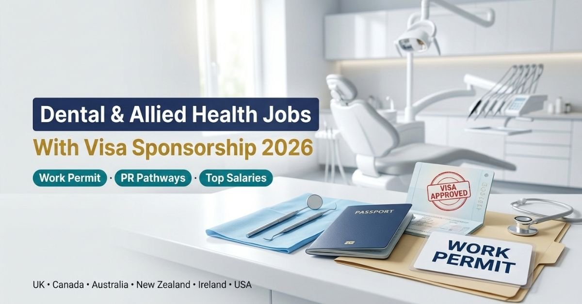 Dental and allied health jobs with visa sponsorship, showing a visa approved stamp and work permit card in a dental clinic
