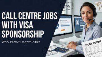 Call centre professional with illustrative visa and work permit documents for an article about jobs with visa sponsorship