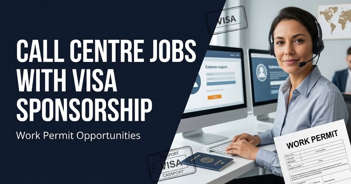Call centre professional with illustrative visa and work permit documents for an article about jobs with visa sponsorship
