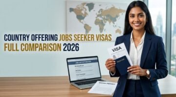 Jobs seeker visas 2026 comparison, with a professional reviewing travel documents and job applications