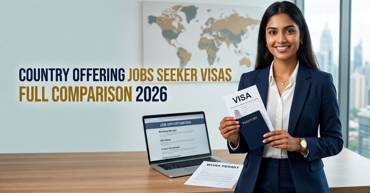 Jobs seeker visas 2026 comparison, with a professional reviewing travel documents and job applications