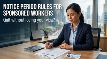 Professional reviewing a visa, work permit and resignation letter for a sponsored-worker notice period article.
