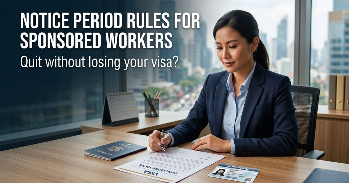 Professional reviewing a visa, work permit and resignation letter for a sponsored-worker notice period article.