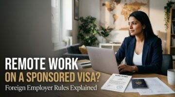 Professional working remotely beside a passport and work permit while researching sponsored visa rules.