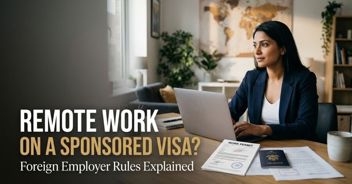 Professional working remotely beside a passport and work permit while researching sponsored visa rules.