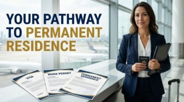 International professional reviewing a temporary to permanent residence plan.