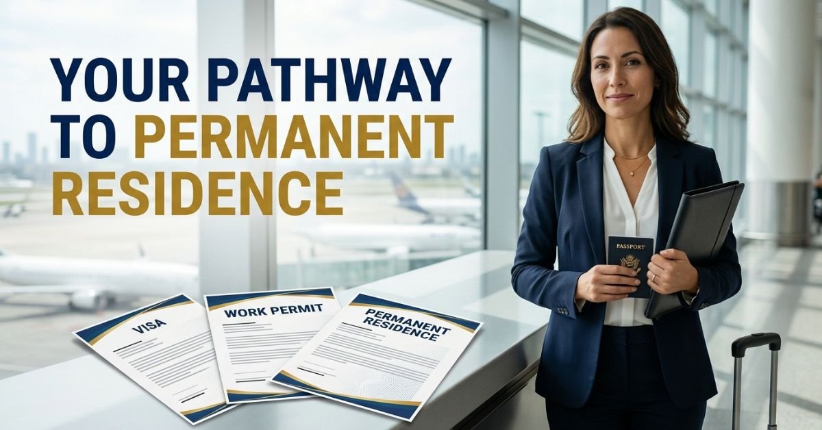 International professional reviewing a temporary to permanent residence plan.